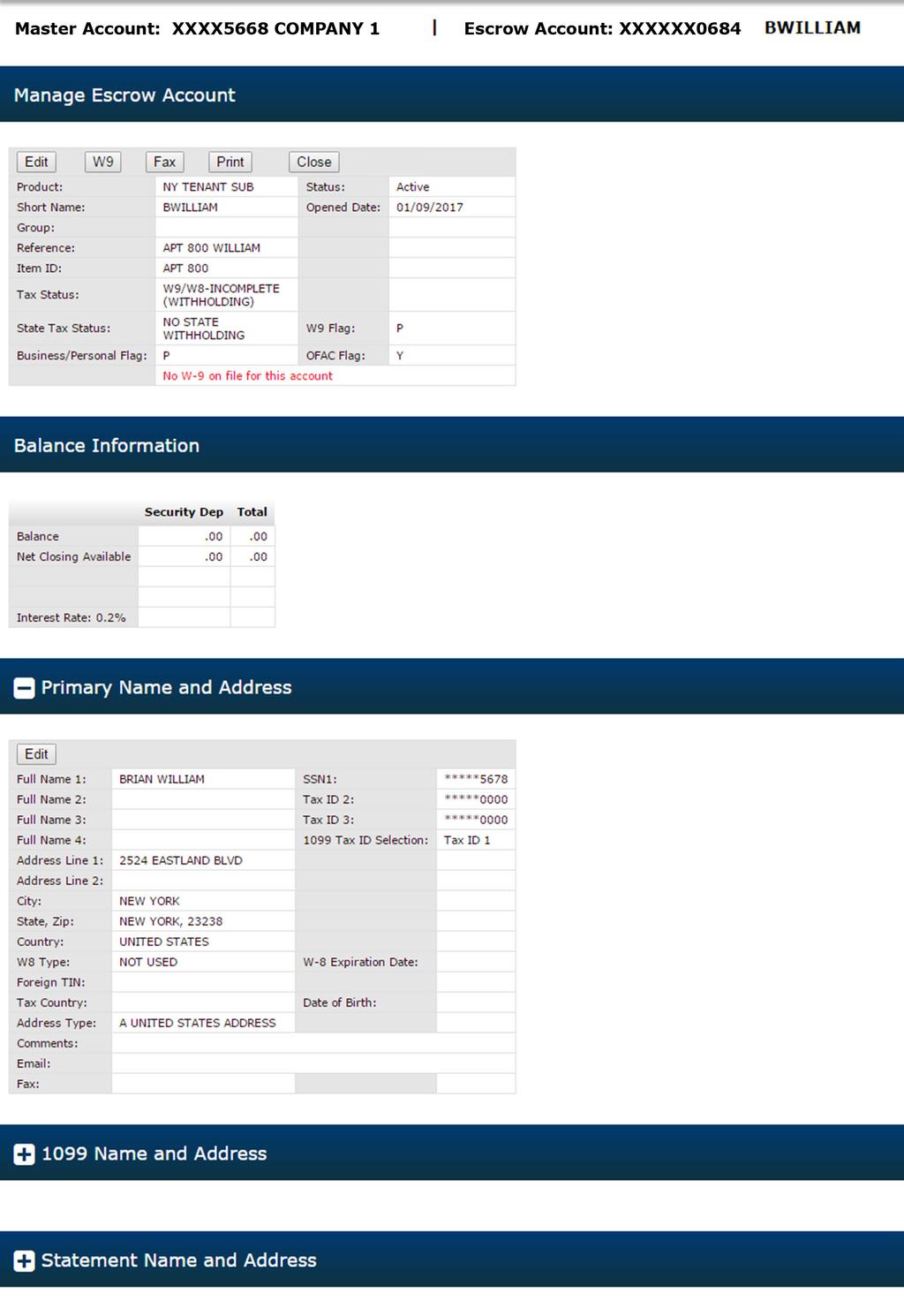 The Escrow Account Details screen displays.