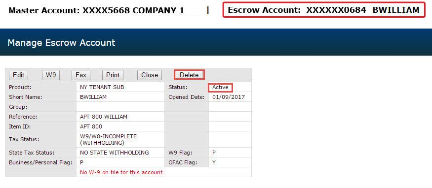 NOTE: The assigned Escrow Sub Account Number displays in the Account Number field at the top. The account Status field displays as Active.