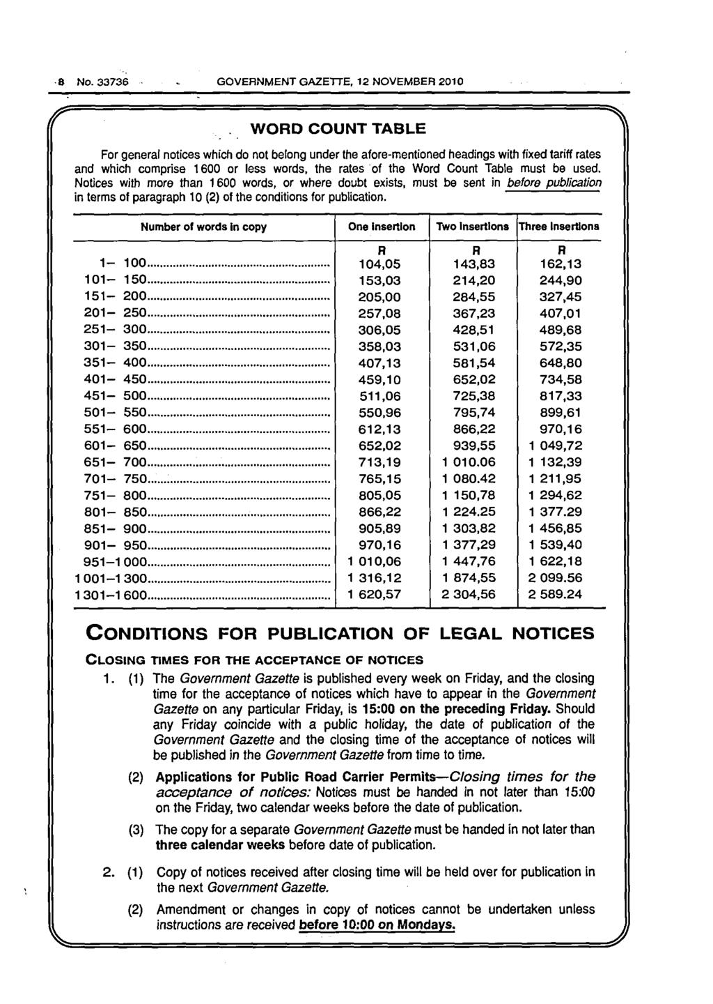 8 No. 33736 GOVERNMENT GAZETTE, 12 NOVEMBER 2010 WORD COUNT TABLE For general notices which do not belong under the afore-mentioned headings with fixed tariff rates and which comprise 1600 or less