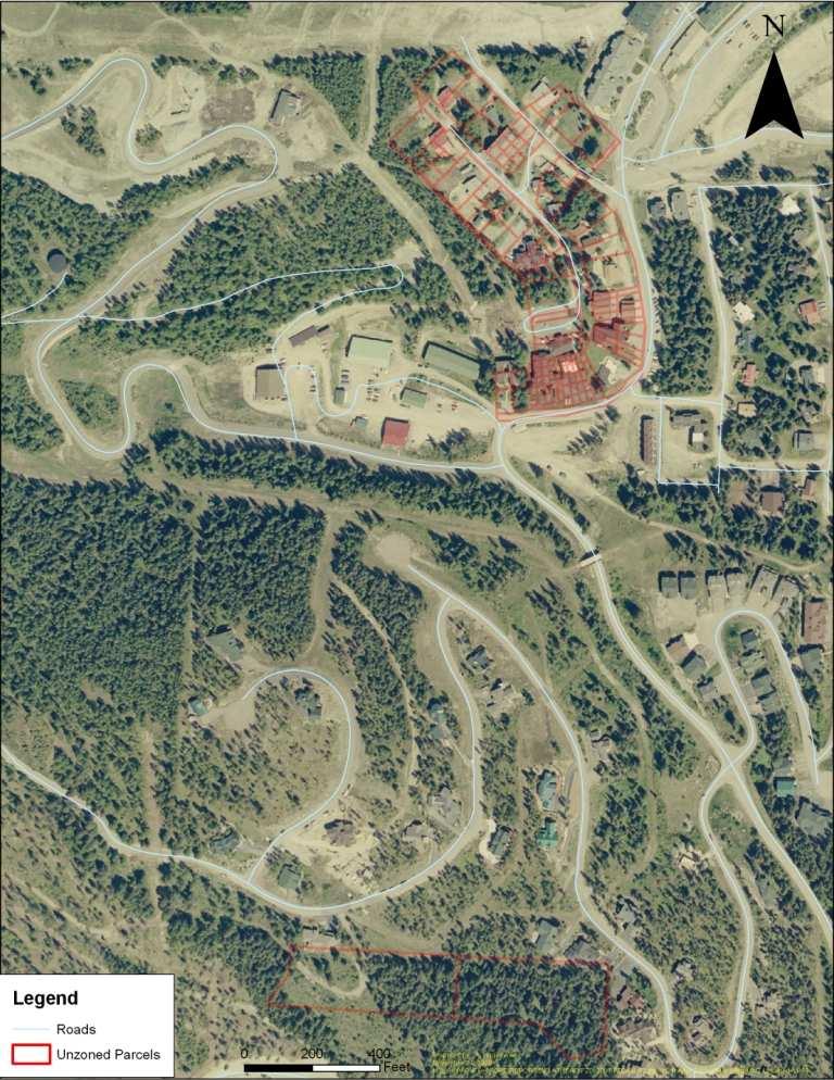 Figure 7: This map shows the unzoned private properties located near the base area of Big Mountain outlined in red. There are two sections.