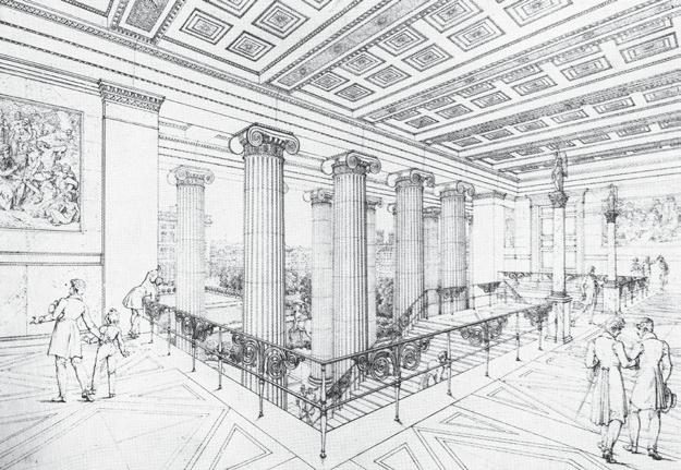 A transverse, rectangular, four-winged arrangement encloses two inner courtyards and the central structure of the rotunda that towers over the interior.