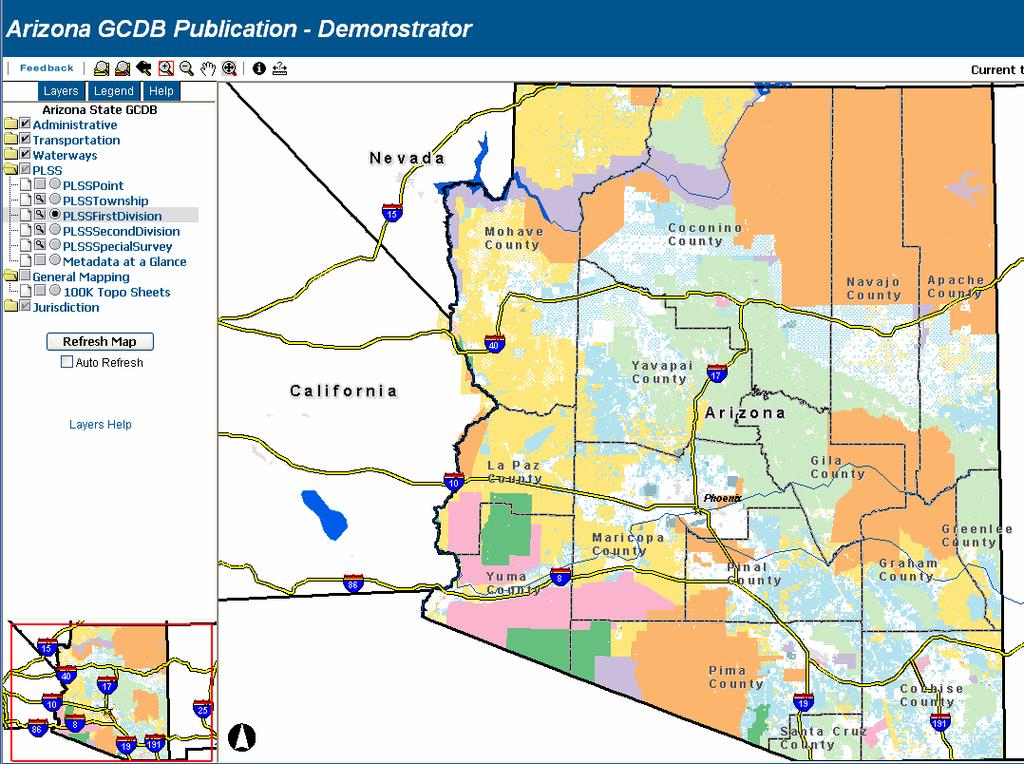 Figure 7 State of Arizona Demonstration Cadastral NSDI Site Zooming in on a portion of the state the Cadastral Reference information