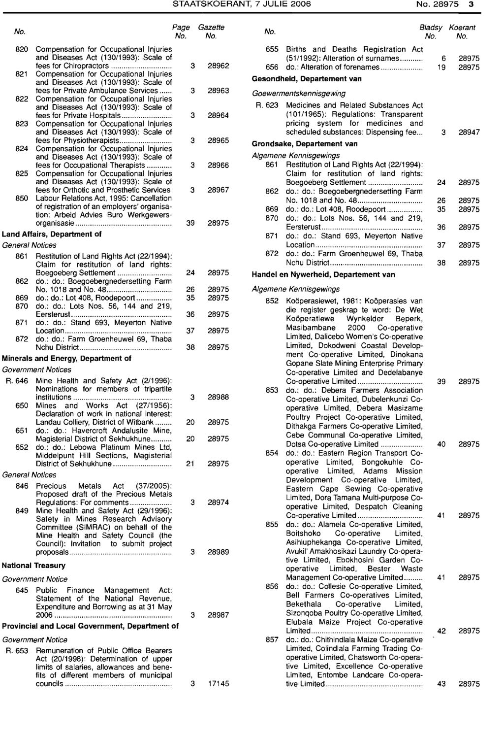 STAATSKOERANT, 7 JULIE 2006 28975 3 Page Gazette 820 Compensation for Occupational Injuries and Diseases Act (130/1993): Scale of fees for Chiropractors.