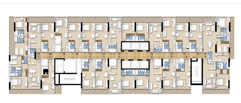 9Vanity units and mirrors 9Central air conditioning 9Double-glazed windows 9Television and telephone connections 9Provision for high-speed internet access 9Ceramic tiling UNIT SERVICES 9Full