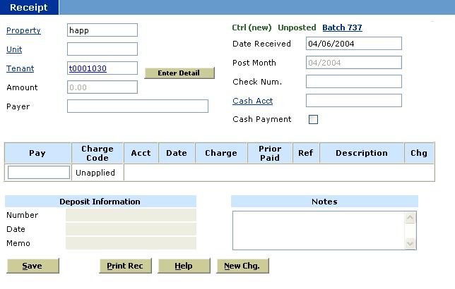 Echelon Property Group Page 100 Creating Batch Receipts Step 2: Input Resident Receipts For each resident receipt in batch: Field Instructions: Property: Resident: The property code is automatically