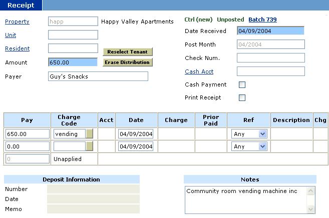 Echelon Property Group Page 102 Creating Batch Receipts Pick List Button Step 3: Input Non-Resident Receipts Property: Property code auto filled from active property on dashboard Unit: Leave blank