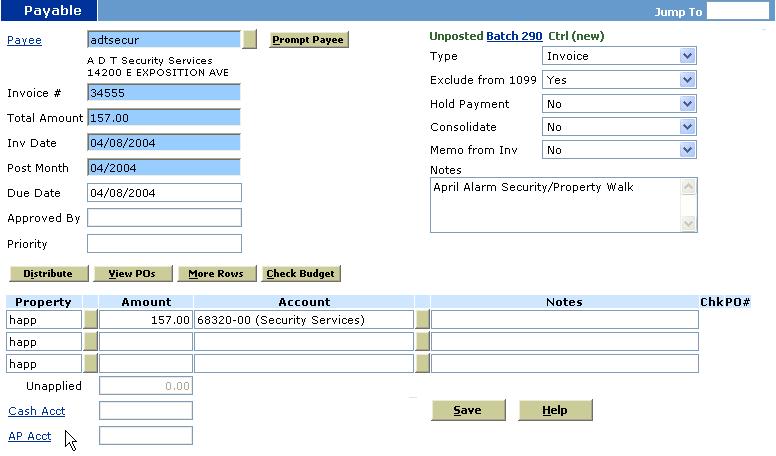 Echelon Property Group Page 124 Creating Batch Invoices Transaction notes Field Instructions: Payee: Input the vendor s code, or select from the pick list by clicking on Payee Prompt Payee: Click to