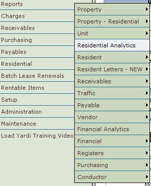 Echelon Property Group Page 156 Residential Analytics Reports Yardi Reporting Guide Generating Residential Analytics Reports Rent Roll Report Type The rent roll report provides different information