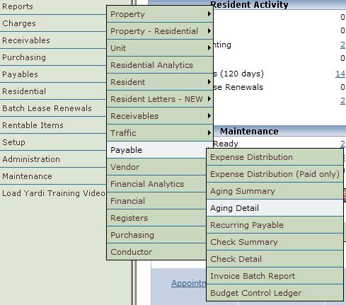 Echelon Property Group Page 165 Reports - Payable Yardi Reporting Guide Generating Aging Detail Reports This report provides a review of amounts owed to vendors.