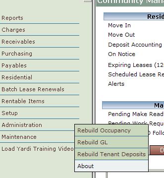 Echelon Property Group Page 172 Administration Rebuild G/L If your General Ledger reports show out-of-balance accounts, you may need to rebuild
