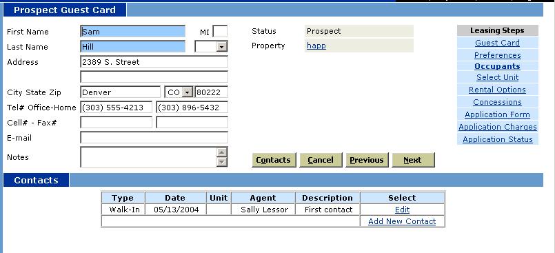 Echelon Property Group Page 31 Create a Prospect Contact 1. Locate the appropriate prospect record* 2. Click on 3.