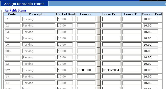 Echelon Property Group Page 75 To Add A Rentable Item: Assign/Release Rentable Item Pick List Locate the appropriate rentable item(s) in the code field, then input the resident data for each rentable
