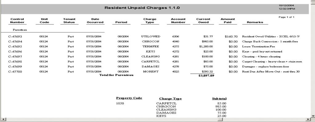 Echelon Property Group Page 93 Security Deposit Disposition Select the charge and Post. Repeat for MORENT and SALESTAX 3. Highlight the following charge codes on the Unpaid Charges Report: a. RENT b.