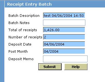 Echelon Property Group Page 99 Creating Batch Receipts Step 1: Create a New Batch Field Instructions: Batch Description: Batch Notes: Total of Receipts: Number of Receipts: Deposit Date: Post Month: