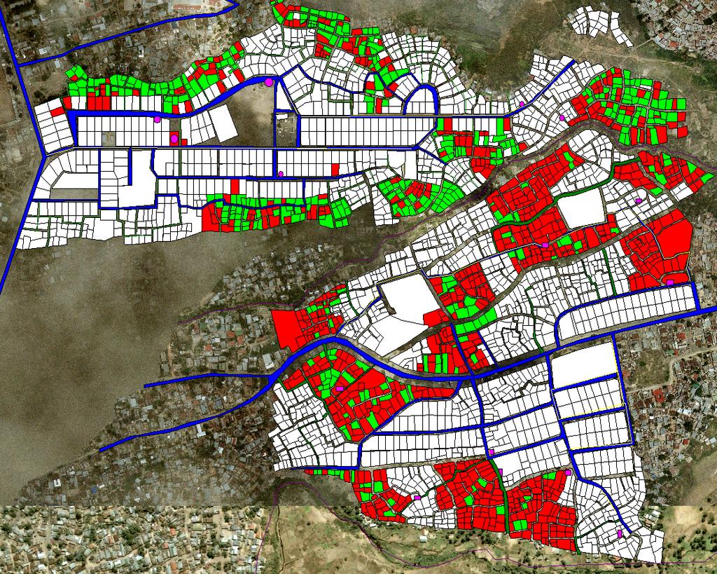Figure 1: Final take-up and infrastructure placement in Kigogo Kati and Mburahati Barafu Note: Green cells are parcels in treatment blocks that fully paid for a CRO application.