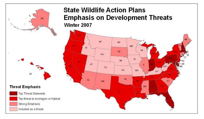 Development threats to wildlife All 51 Plans indicated that development is an issue for wildlife 8 Plans indicate that development is the greatest threa to wildlife in their