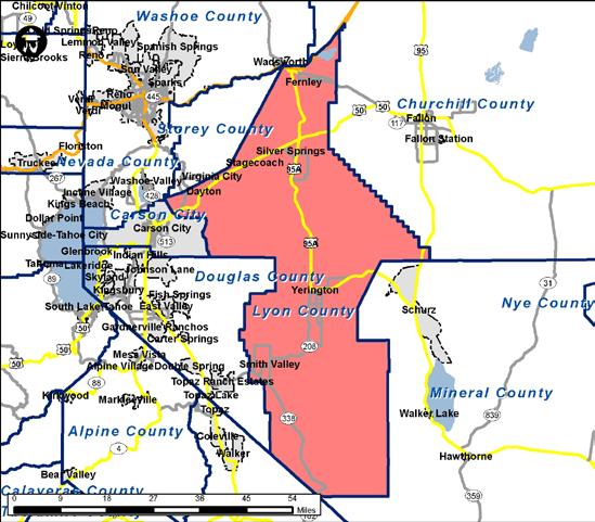 Lyon County County Seat: Yerington County Size: 2,046 square miles (1,994 square miles land; 22 square miles water) Population Key Demographic Data Households 2000 Census 34,501 2000 Census 13,007