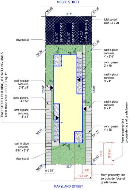 Site Layout Two storeys, each with 8 units Designed to fit on 30 -wide lots Average size 220 sq.