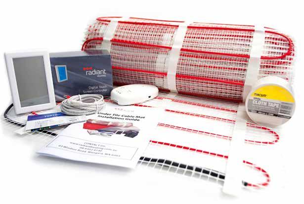 Under tile floor heating kit UNDER TILE KIT INCLUDES: 500MM WIDE UNDER TILE CABLE MAT WITH SELF-ADHESIVE BACKING TOUCH SCREEN FLOOR/AIR SENSING THERMOSTAT FLOOR HEATING SENSOR CABLE ALARM CLOTH DUCT