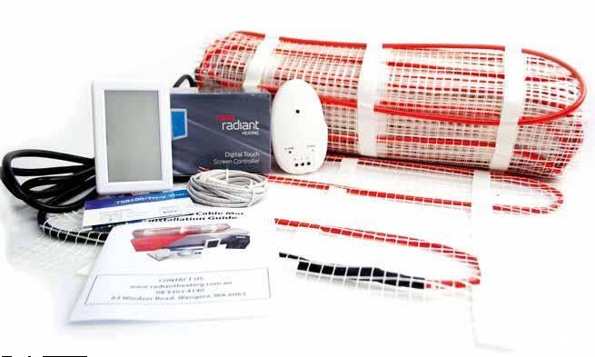 In-screed floor heating kit IN SCREED KIT INCLUDES: 500MM WIDE IN-SCREED CABLE MAT WITH SELF-ADHESIVE BACKING TOUCH SCREEN FLOOR/AIR SENSING THERMOSTAT FLOOR HEATING SENSOR CABLE ALARM