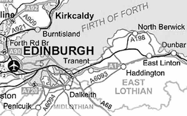 PLACES IN EAST LOTHIAN associated with T5/8 James Tweedie and sister T5/12 Margaret Tweedie: Map of East Lothian Coates cottages ; OE cot, ON kot, Gael cota small dwelling.
