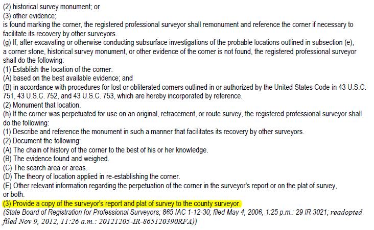 A few typical Rule 12 issues on example surveys Monument Found as indicated at the four corners of the quarter section is not sufficiently specific (i.e., character and size) pursuant to 865 IAC 1-12-13(b)(6)(A) and (B).