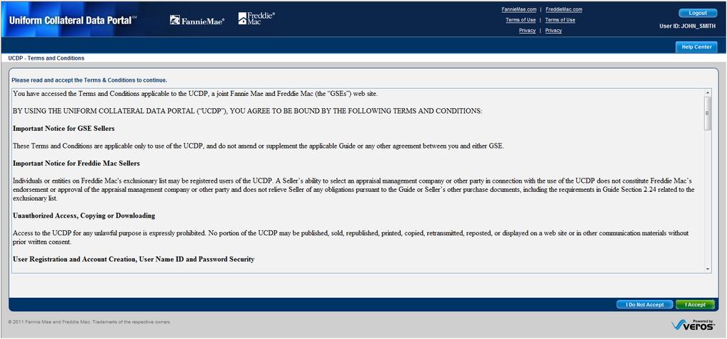 When you log back into UCDP, the system displays the Terms and Conditions page shown in Figure 1.1.6.