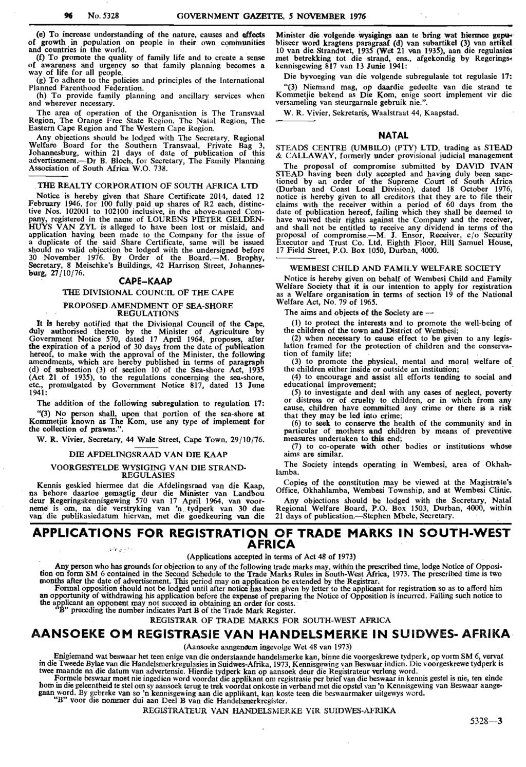 Reproduced by abinet Online in terms of Government Printer s Copyright Authority No. 10505 dated 02 February 1998 No. GOVERNMENT GAZETI1'!, NOVEMBER 1976 (e) To.