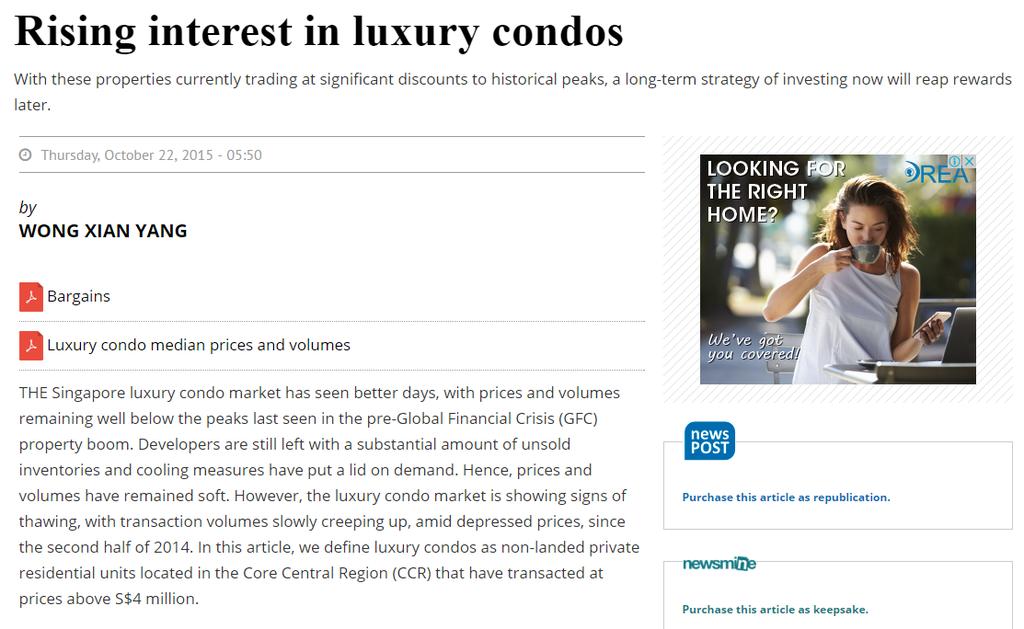 Market Trends: Increase in demand for Luxury Condos Interest in the Singapore luxury condo market seems to be gaining momentum as evidenced by the pick-up in the number of transactions.