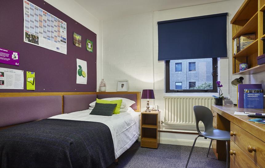 metres, including the private bathroom. Bedrooms are grouped around kitchens for the use of 4 or 5 students. These rooms are in Robert Bryson, George Burnett, Robin Smith, Lord Home and Lord Thomson.