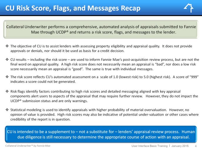 Before we get into the user interface, let s quickly recap some of the key points about the CU risk score, flags, and messages.