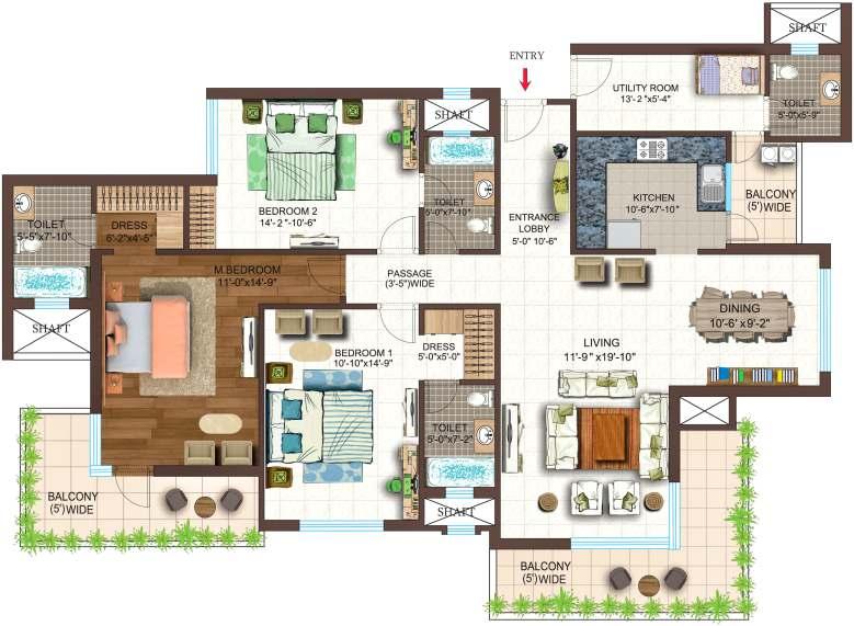ENTRY ENTRY Typical Floor Unit Type-A 3BHK + Utility - Unit Area: 2,095 Sq. Ft.