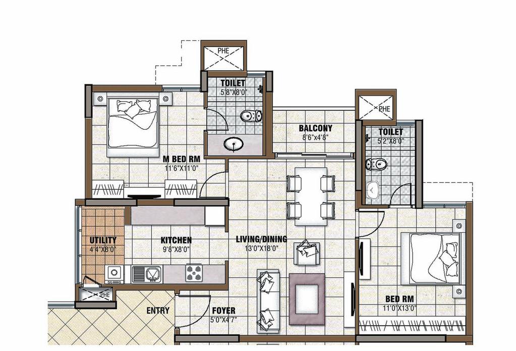 TYPE C 2 BED AReA - 1087 sft TOWeR - 6,7,8 & 9 1sT