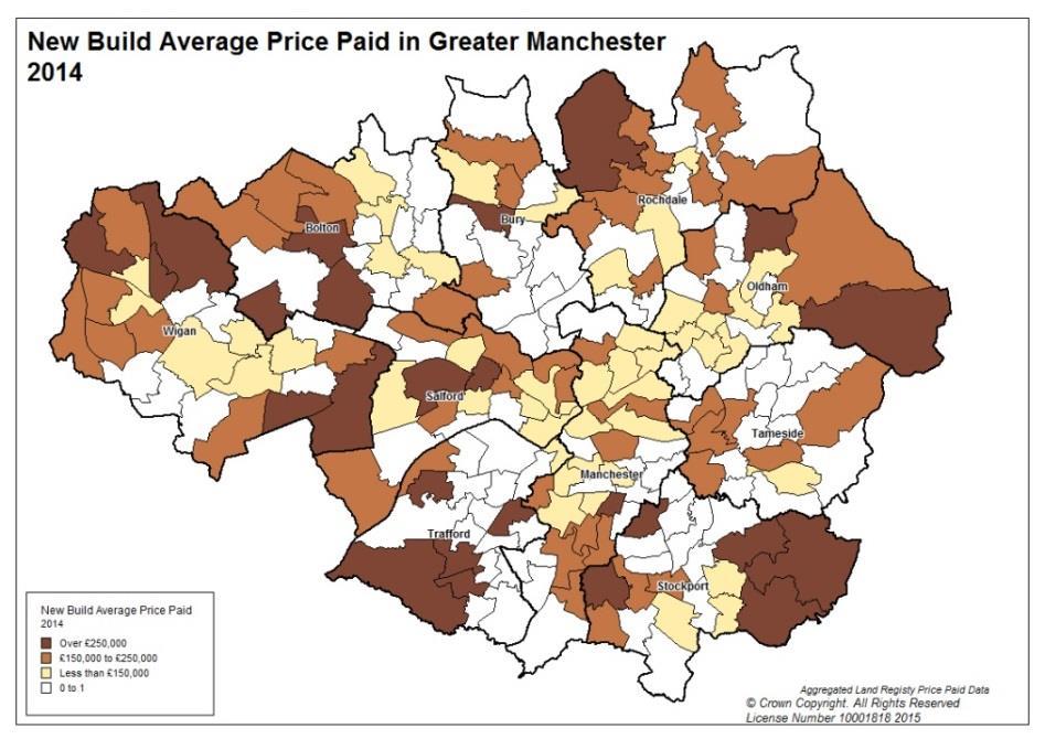 Figure 21 2.29 The tables below (Figure 22) The highest new build prices are located in the more peripheral areas in areas such as Heaton and Lostock in Bolton and Bramhall and Marple in Stockport.