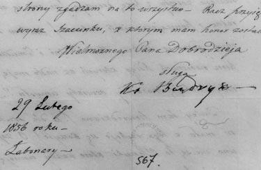 1 pav. Dominyko Budriko paraðas drebanèia ranka 1856 metø vasario 29 dienos laiðko Adomui Zavadskiui pabaigoje; LMAB, sign.: f. 7 567. Fot. Virginija Valuckienë plg. 1 pav.).