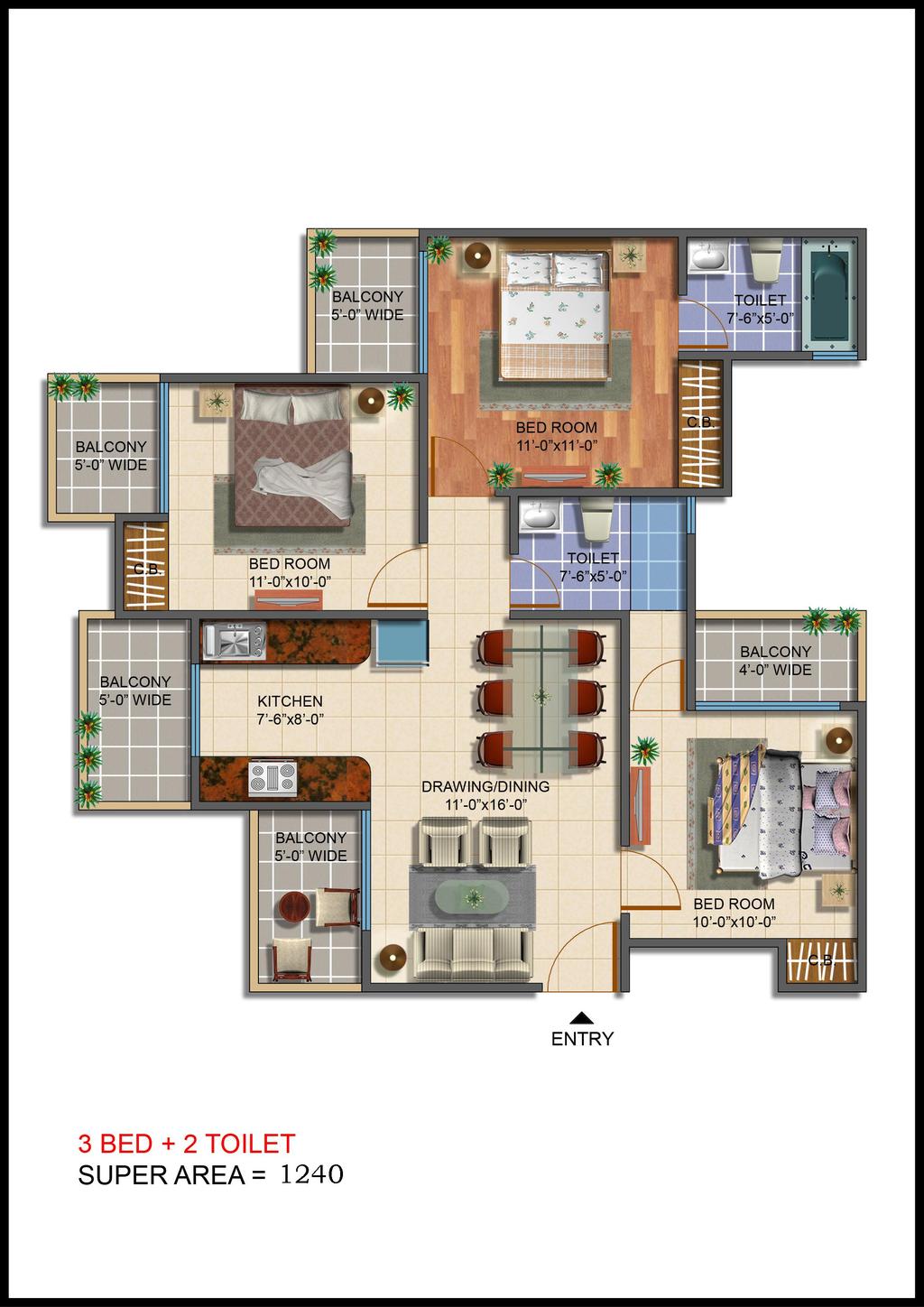 Floor Plans Type - 3BHK, 2