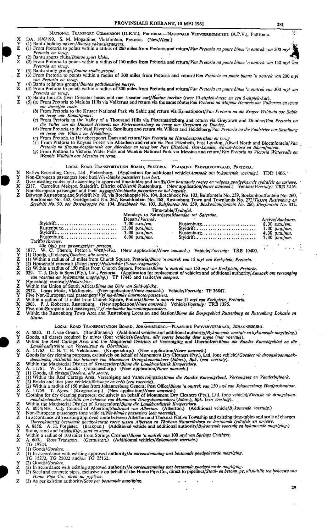 PROVINSIALE KOERANT 10 MEI 1961 281 NATIONAL TRANSPORT COMMISSION (DRT) PRETORIA NASIONALE VERVOERKOMMISSIE (APV) PRETORIA X DA 18/6/199 S M Mogadime Vlakfontein (New/Nuut) Y (I) Bantu
