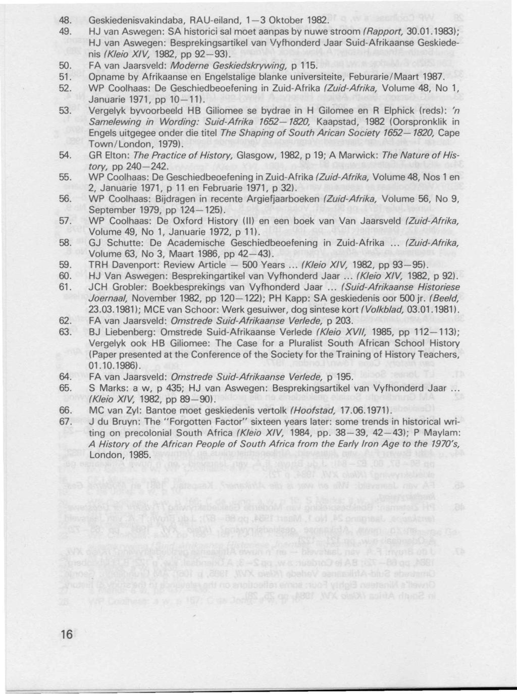 48. Geskiedenisvakindaba, RAU-eiland, 1-3 Oktober 1982. 49. HJ van Aswegen: SA historici sal moet aanpas by nuwe stroom (Rapport, 30.01.