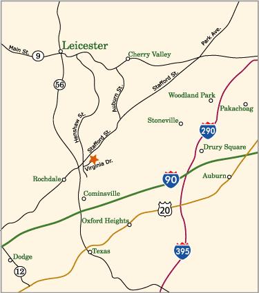 Directions: From I-90 (Massachusetts Turnpike) Take exit 10 Follow to Rte 12 South to Rte 20 South towards Oxford Right onto Rte 56 Right onto Stafford Street Right onto Henshaw Street Left onto