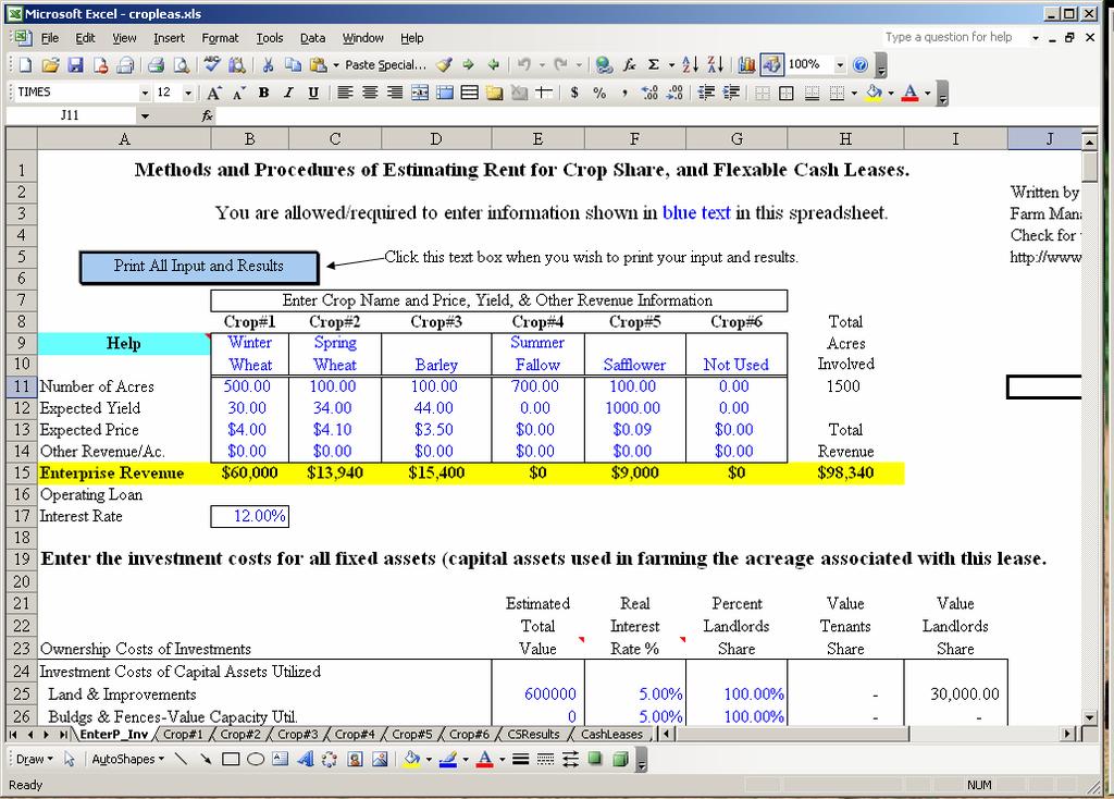 Instructions for the Crop Leasing program. This program requires Excel 97 or newer. Other spreadsheets programs may run the CropLeas template but none have been tried.