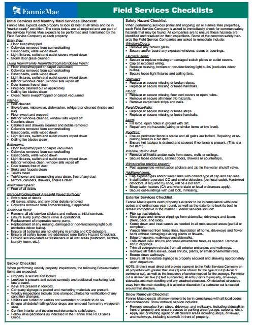 Fannie Mae s Field Services Checklist 2012