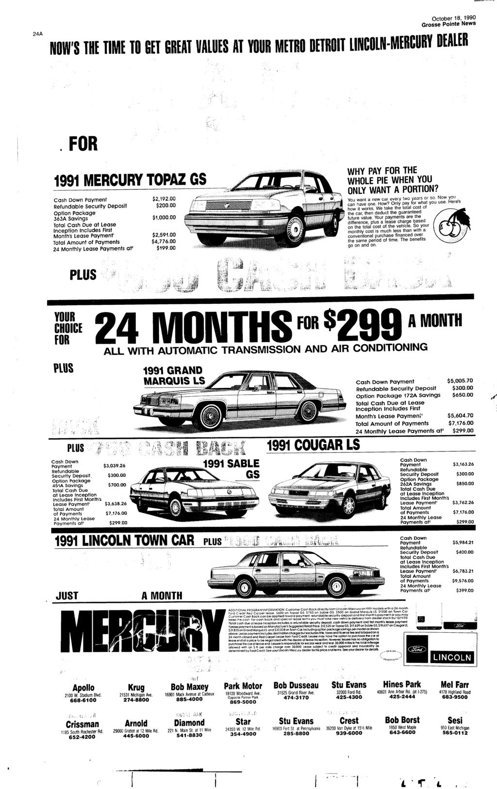 24A NOW'S THE TME TO GET GREAT VALUES AT YOUR METRO DETROT LNCOLN-MERCURY DEALER FOR 1991 MERCURY TOPAZ GS Cash Down Payment Refundable Security Deposit Option Package 363A savings Total Cash Due at