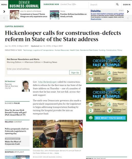 construction defects reform for the first time in his State of the State Address on Thursday one