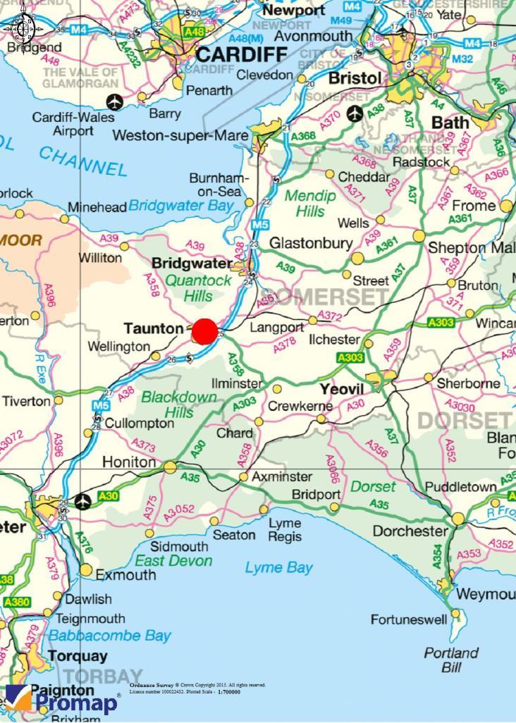 Location The County Town of Taunton, Somerset is located 49 miles south west of Bristol, 36 miles north east of Exeter and 153 miles west of London.