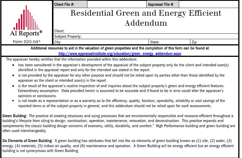 AI Residential Green and Energy Efficient Addendum Appraisal