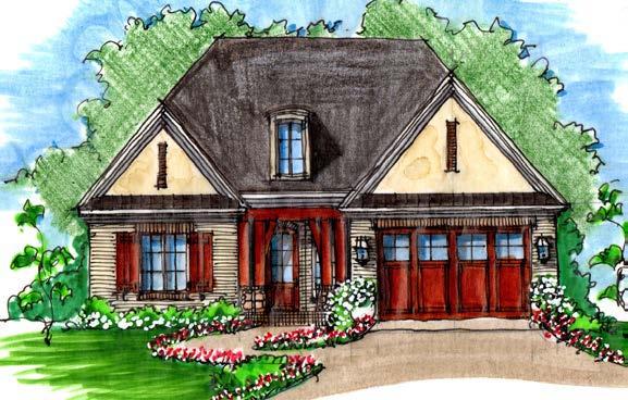 Three distinct exterior options combine stone and brick in traditional French Country architecture featuring multiple roof lines, a covered porch, eyebrow window openings and heavy wood shutters.