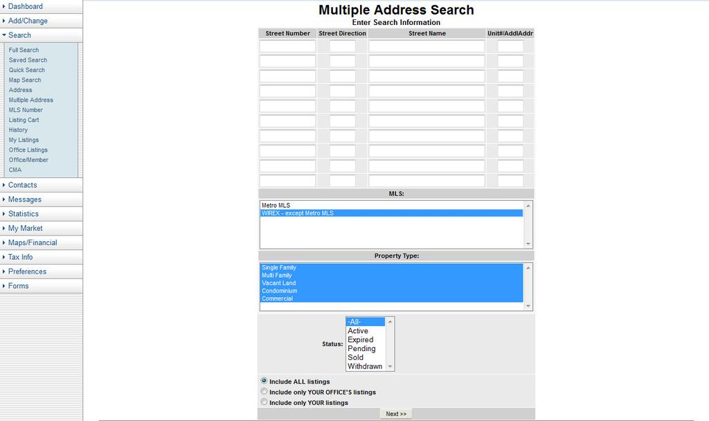 WIREX Access via search by Multiple Address To search WIREX listings using a Multiple Address search, click Multiple