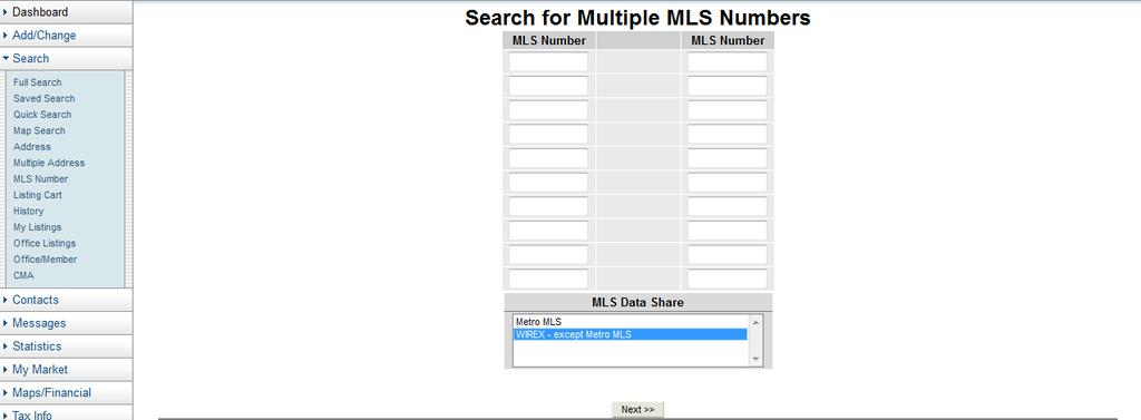 WIREX Access via search by MLS Number To search WIREX listings using a MLS Number search, click MLS Number under