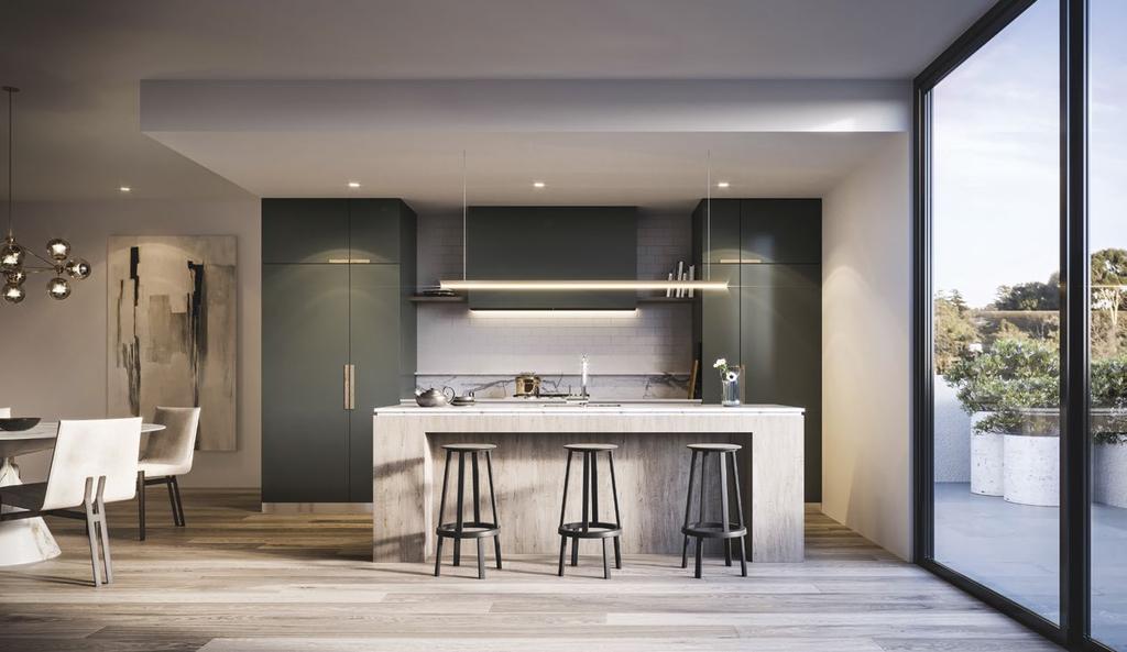 The kitchen area is a showroom for exceptional finishes and attention to detail. Dark green joinery with white gloss splashback tiling blend with integrated Miele appliances for the discerning chef.