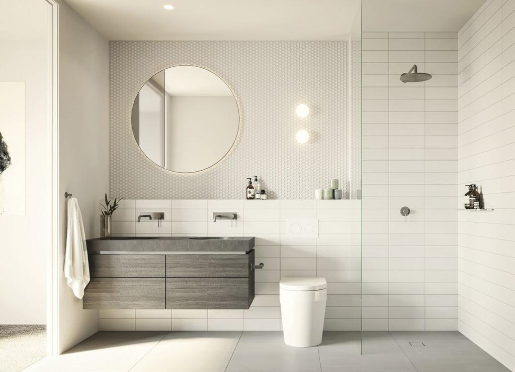 AN ELEGANT DECADENCE Modern elegance abounds in bathrooms designed for pampering.